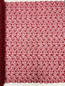 Metallic Floral Lace Fabric - Burgundy - Embroidered  Flower Design on Lace Mesh Fabric By Yard