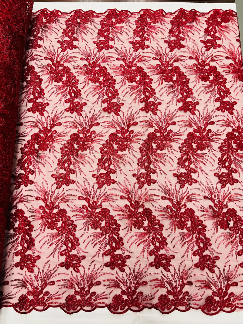 Floral Plant Cluster Fabric - Burgundy - Embroidered High Quality Lace Fabric Sold by Yard