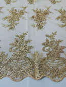 Floral Plant Lace Fabric - Metallic Champagne - Flower Plant Design Lace Sequins Fabric Sold By Yard