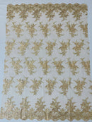 Floral Plant Lace Fabric - Metallic Champagne - Flower Plant Design Lace Sequins Fabric Sold By Yard