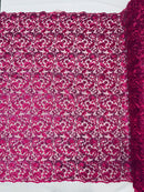 Metallic Floral Lace Fabric - Fuchsia - Embroidered Sequins Floral Design Sold By Yard