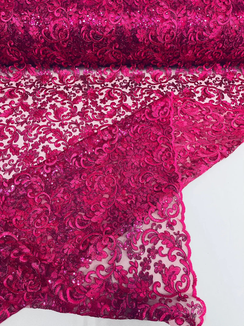 Metallic Floral Lace Fabric - Fuchsia - Embroidered Sequins Floral Design Sold By Yard