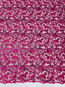 Metallic Floral Lace Fabric - Fuchsia - Embroidered Sequins Floral Design Sold By Yard
