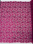 Metallic Floral Lace Fabric - Fuchsia - Embroidered Sequins Floral Design Sold By Yard