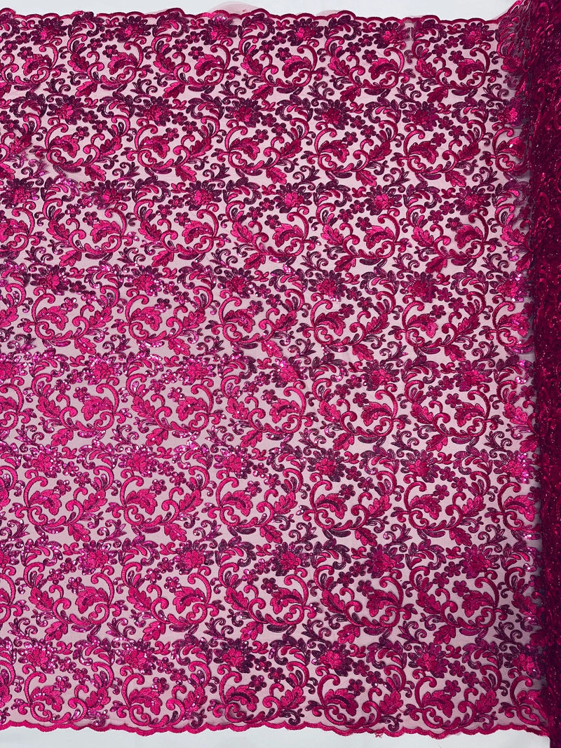 Metallic Floral Lace Fabric - Fuchsia - Embroidered Sequins Floral Design Sold By Yard