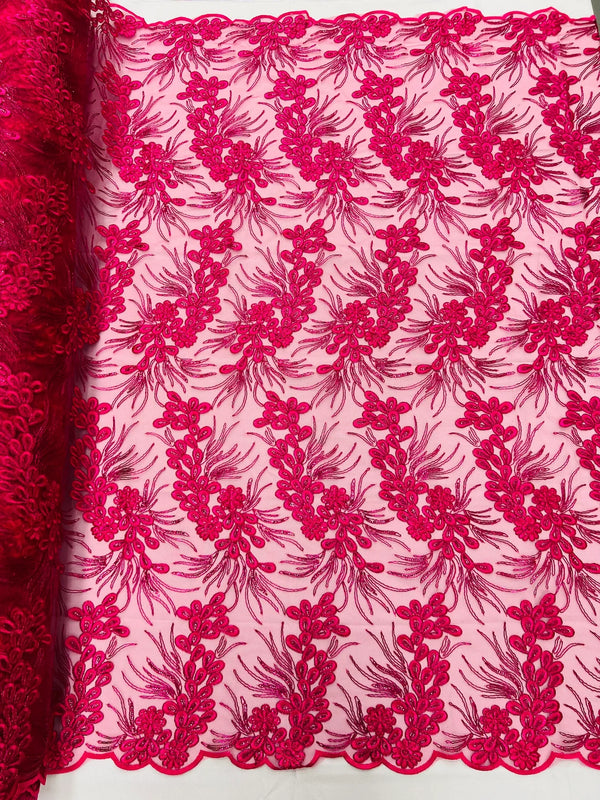 Floral Plant Cluster Fabric - Fuchsia - Embroidered High Quality Lace Fabric Sold by Yard