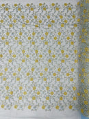 Floral Lace Fabric - Metallic Gold Flowers With Blue Leaves Embroidered on Blue Tulle Sold By Yard