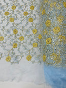 Floral Lace Fabric - Metallic Gold Flowers With Blue Leaves Embroidered on Blue Tulle Sold By Yard