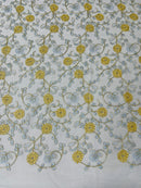 Floral Lace Fabric - Metallic Gold Flowers With Blue Leaves Embroidered on Blue Tulle Sold By Yard