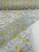 Floral Lace Fabric - Metallic Gold Flowers With Blue Leaves Embroidered on Blue Tulle Sold By Yard