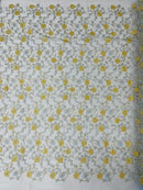 Floral Lace Fabric - Metallic Gold Flowers With Blue Leaves Embroidered on Blue Tulle Sold By Yard