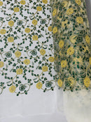 Floral Lace Fabric - Metallic Gold Flowers With Green Leaves Embroidered on White Tulle Sold By Yard