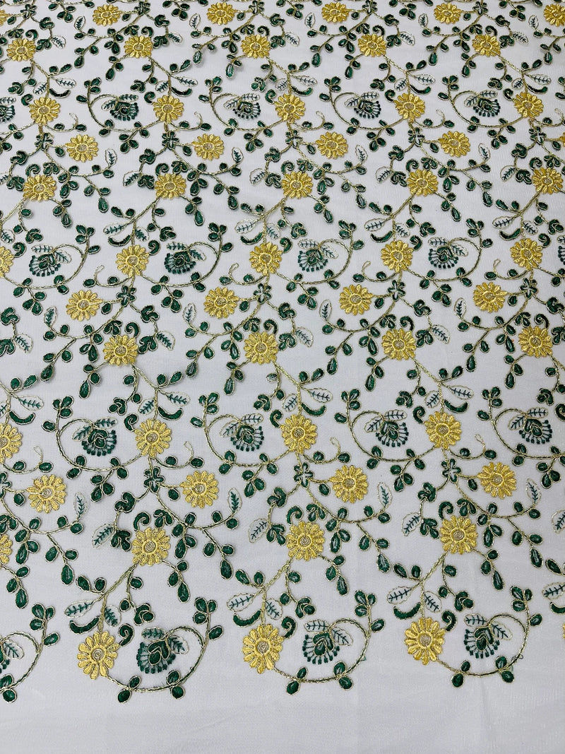 Floral Lace Fabric - Metallic Gold Flowers With Green Leaves Embroidered on White Tulle Sold By Yard