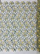 Floral Lace Fabric - Metallic Gold Flowers With Green Leaves Embroidered on White Tulle Sold By Yard