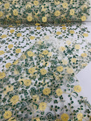 Floral Lace Fabric - Metallic Gold Flowers With Green Leaves Embroidered on White Tulle Sold By Yard