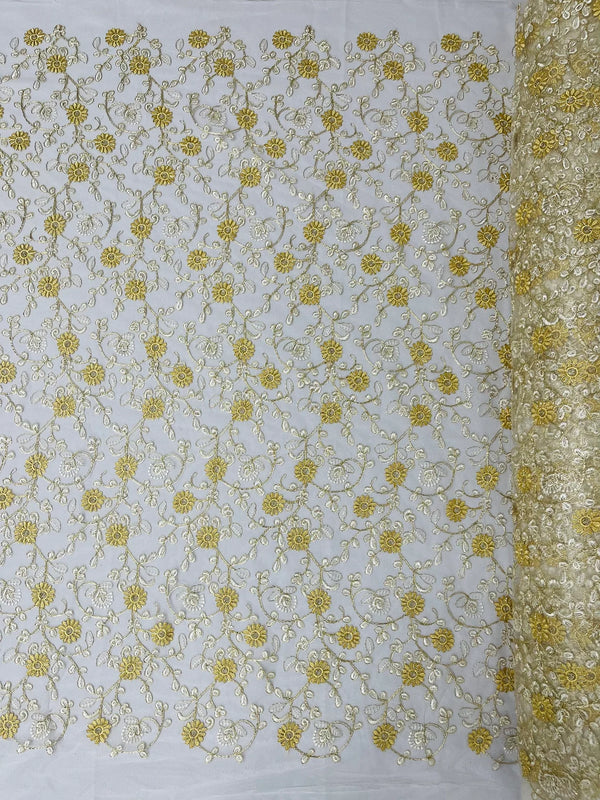 Floral Lace Fabric - Metallic Gold Flowers With ivory Leaves Embroidered on Ivory Tulle Sold By Yard