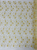 Floral Lace Fabric - Metallic Gold Flowers With ivory Leaves Embroidered on Ivory Tulle Sold By Yard