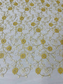 Floral Lace Fabric - Metallic Gold Flowers With ivory Leaves Embroidered on Ivory Tulle Sold By Yard
