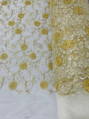 Floral Lace Fabric - Metallic Gold Flowers With ivory Leaves Embroidered on Ivory Tulle Sold By Yard