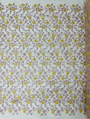 Floral Lace Fabric - Metallic Gold Flowers With Lilac Leaves Embroidered on White Tulle Sold By Yard