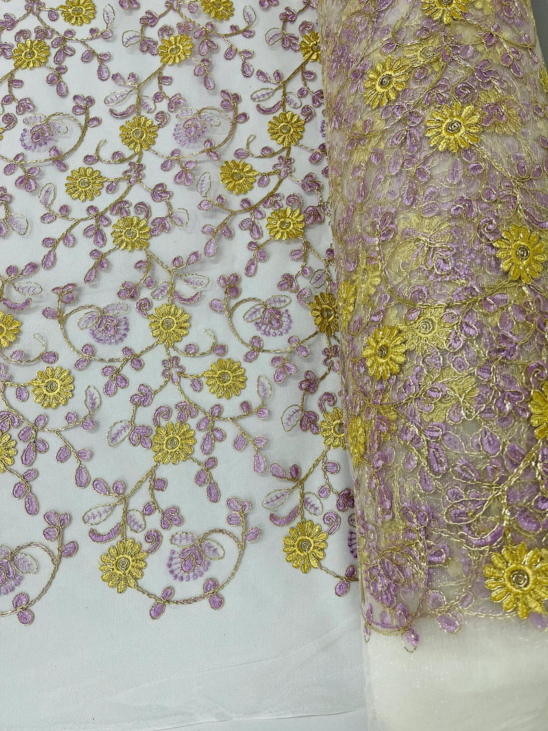Floral Lace Fabric - Metallic Gold Flowers With Lilac Leaves Embroidered on White Tulle Sold By Yard