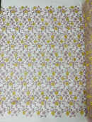 Floral Lace Fabric - Metallic Gold Flowers With Lilac Leaves Embroidered on White Tulle Sold By Yard