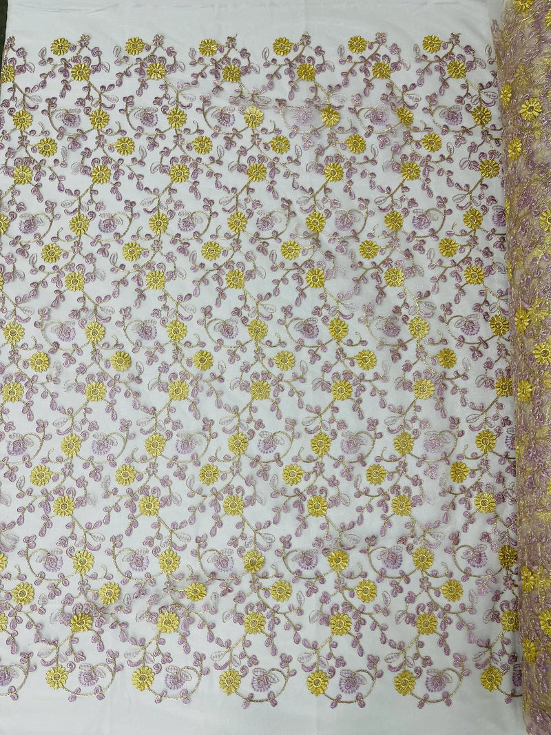 Floral Lace Fabric - Metallic Gold Flowers With Lilac Leaves Embroidered on White Tulle Sold By Yard