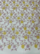 Floral Lace Fabric - Metallic Gold Flowers With Lilac Leaves Embroidered on White Tulle Sold By Yard