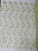 Floral Lace Fabric - Metallic Gold Flowers With Mint Leaves Embroidered on Mint Tulle Sold By Yard