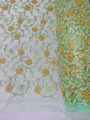 Floral Lace Fabric - Metallic Gold Flowers With Mint Leaves Embroidered on Mint Tulle Sold By Yard