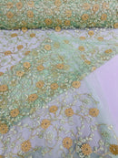 Floral Lace Fabric - Metallic Gold Flowers With Mint Leaves Embroidered on Mint Tulle Sold By Yard