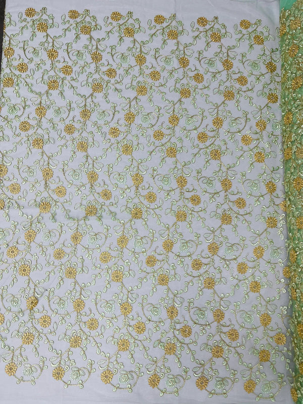 Floral Lace Fabric - Metallic Gold Flowers With Mint Leaves Embroidered on Mint Tulle Sold By Yard