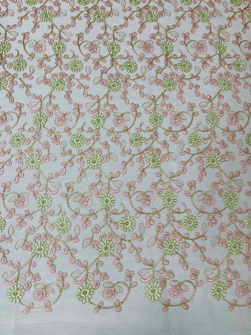 Floral Lace Fabric - Metallic Gold Flowers With Pink Leaves Embroidered on Ivory Tulle Sold By Yard