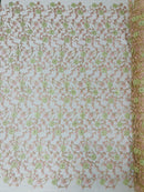 Floral Lace Fabric - Metallic Gold Flowers With Pink Leaves Embroidered on Ivory Tulle Sold By Yard