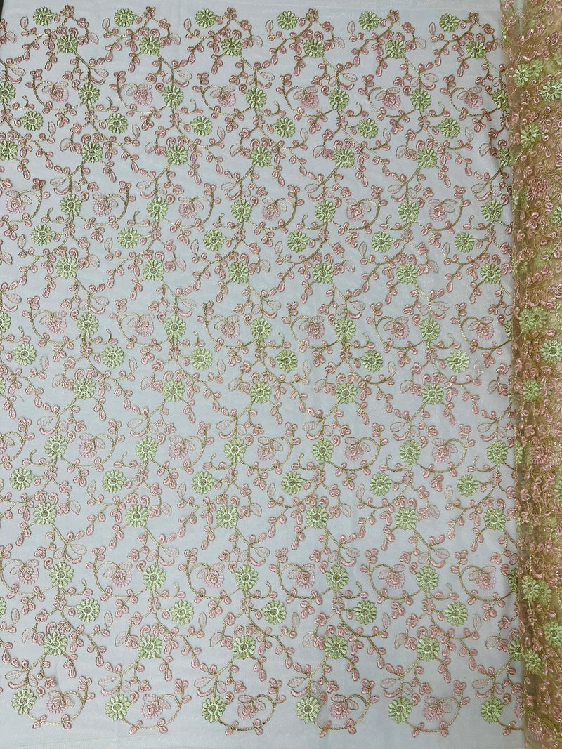 Floral Lace Fabric - Metallic Gold Flowers With Pink Leaves Embroidered on Ivory Tulle Sold By Yard