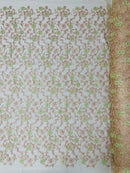 Floral Lace Fabric - Metallic Gold Flowers With Pink Leaves Embroidered on Ivory Tulle Sold By Yard