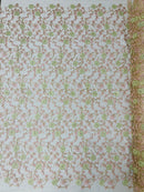 Floral Lace Fabric - Metallic Gold Flowers With Pink Leaves Embroidered on Ivory Tulle Sold By Yard