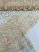 Floral Lace Fabric - Metallic Gold Flowers With Pink Leaves Embroidered on Ivory Tulle Sold By Yard