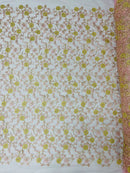 Floral Lace Fabric - Metallic Gold Flowers With Pink Leaves Embroidered on Pink Tulle Sold By Yard