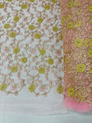 Floral Lace Fabric - Metallic Gold Flowers With Pink Leaves Embroidered on Pink Tulle Sold By Yard