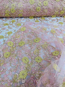 Floral Lace Fabric - Metallic Gold Flowers With Pink Leaves Embroidered on Pink Tulle Sold By Yard