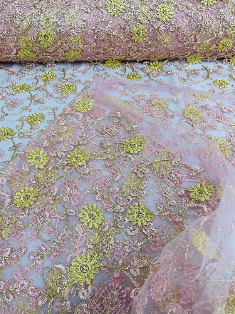 Floral Lace Fabric - Metallic Gold Flowers With Pink Leaves Embroidered on Pink Tulle Sold By Yard