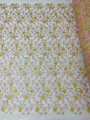 Floral Lace Fabric - Metallic Gold Flowers With Pink Leaves Embroidered on Pink Tulle Sold By Yard