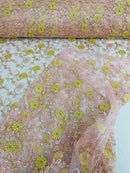 Floral Lace Fabric - Metallic Gold Flowers With Pink Leaves Embroidered on Pink Tulle Sold By Yard