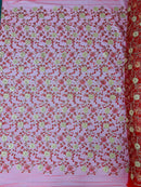Floral Lace Fabric - Metallic Gold Flowers With Red Leaves Embroidered on Red Tulle Sold By Yard