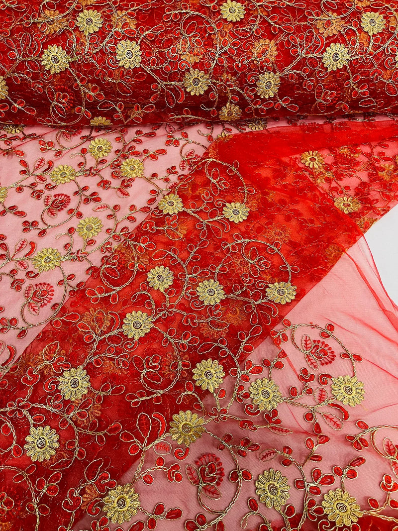 Floral Lace Fabric - Metallic Gold Flowers With Red Leaves Embroidered on Red Tulle Sold By Yard