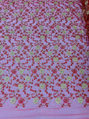 Floral Lace Fabric - Metallic Gold Flowers With Red Leaves Embroidered on Red Tulle Sold By Yard