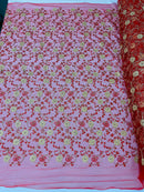 Floral Lace Fabric - Metallic Gold Flowers With Red Leaves Embroidered on Red Tulle Sold By Yard