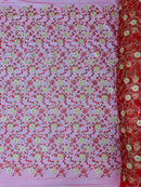 Floral Lace Fabric - Metallic Gold Flowers With Red Leaves Embroidered on Red Tulle Sold By Yard