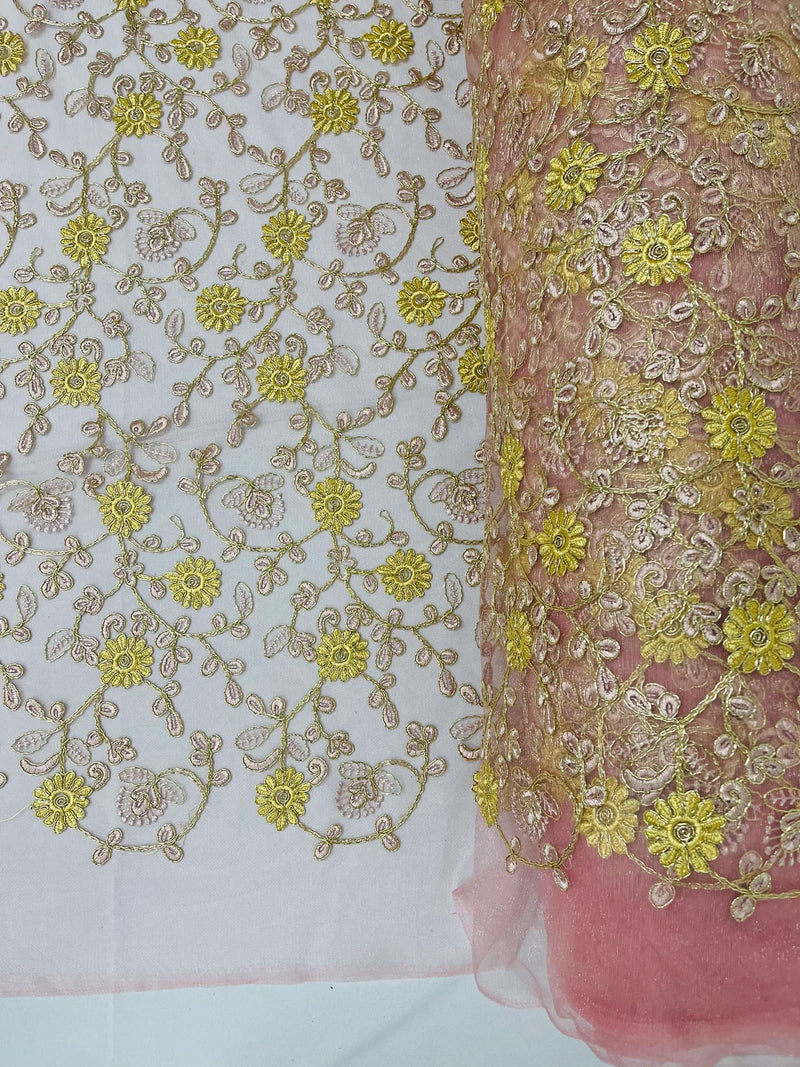 Floral Lace Fabric - Metallic Gold Flowers With Rose Leaves Embroidered Mauve Tulle Sold By Yard